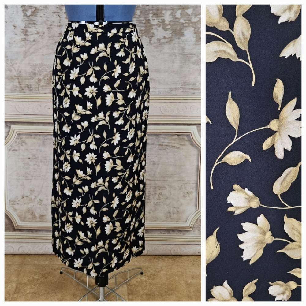 Vintage 1990s Silk Black Floral Maxi Skirt M Column 90s Jones New York Grunge